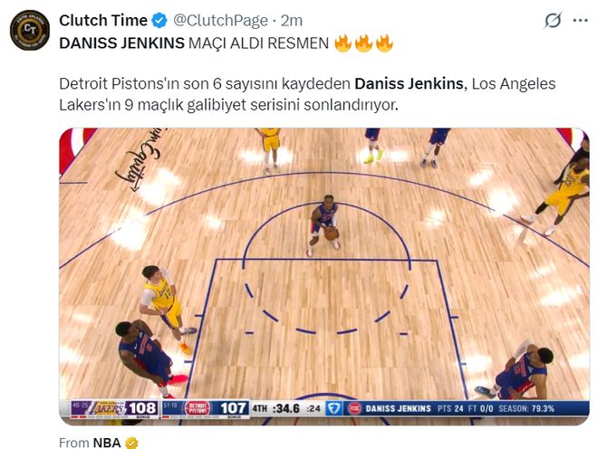 詹金斯决胜25秒轰6分率活塞险胜湖人