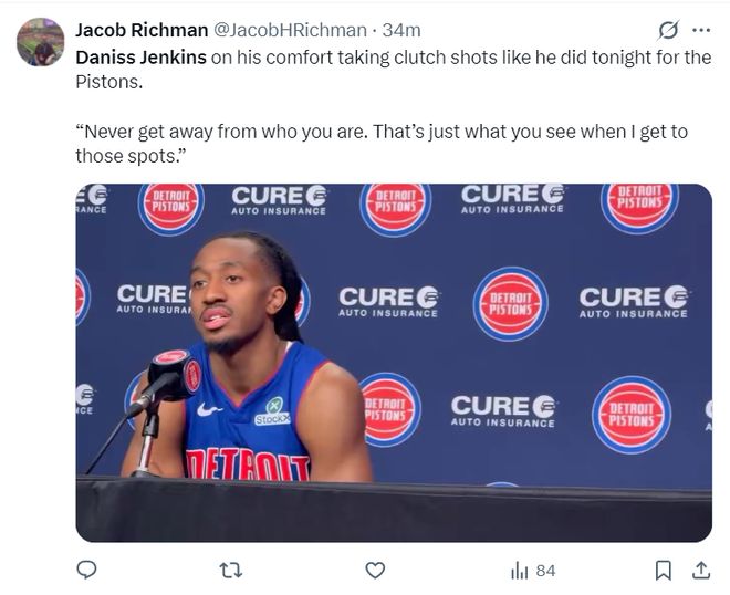 詹金斯决胜25秒轰6分率活塞险胜湖人